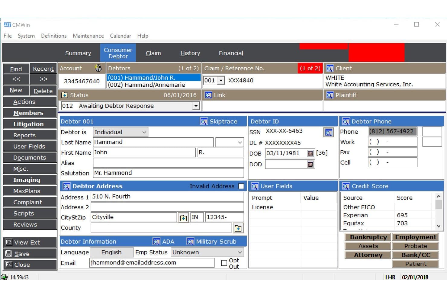 CMWin-inkassosoftware, der viser en skyldnerprofilformular med felter til kontaktoplysninger og kreditvurdering.