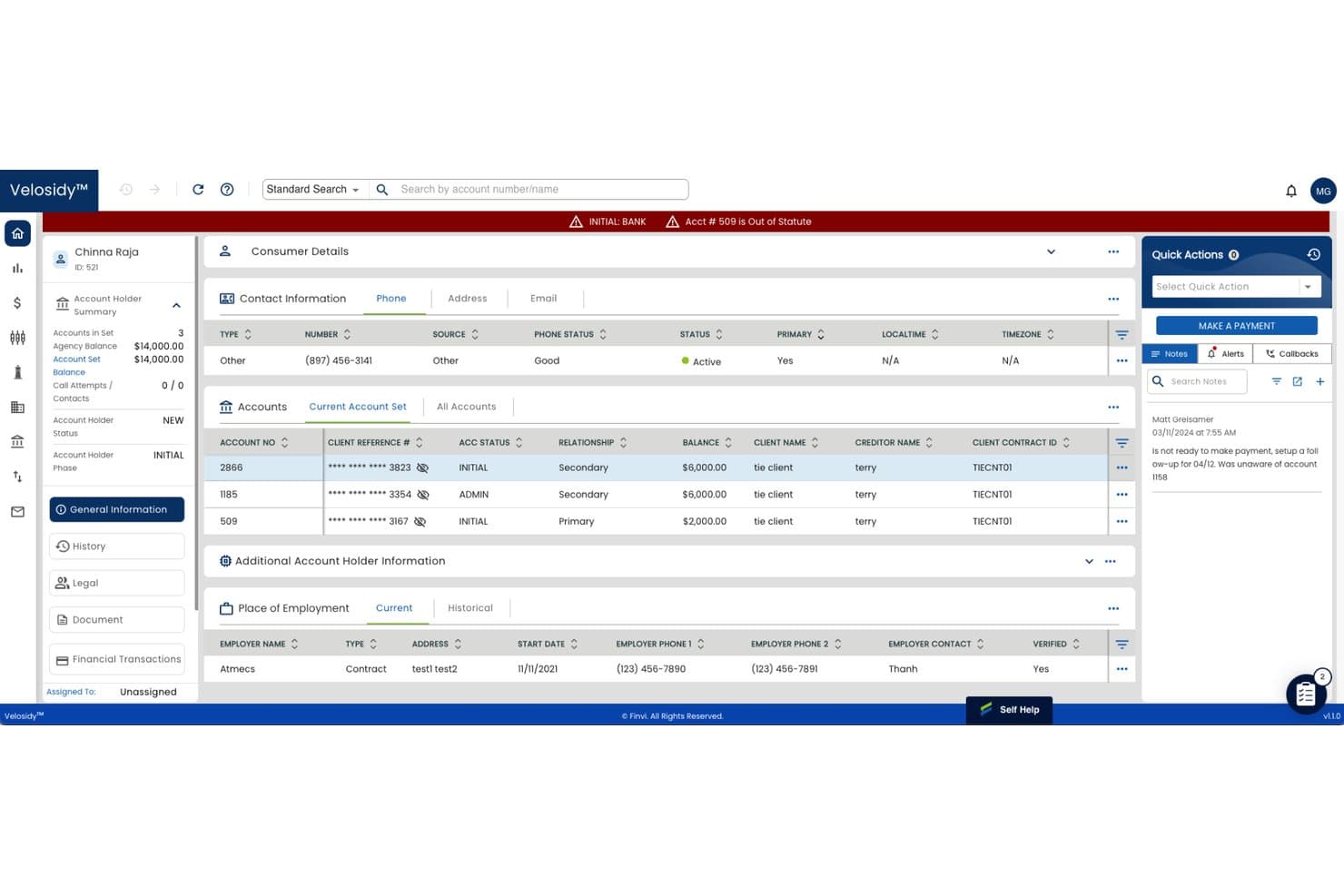 Finvi Velosidy debt collection software showing consumer account details and payment notes.
