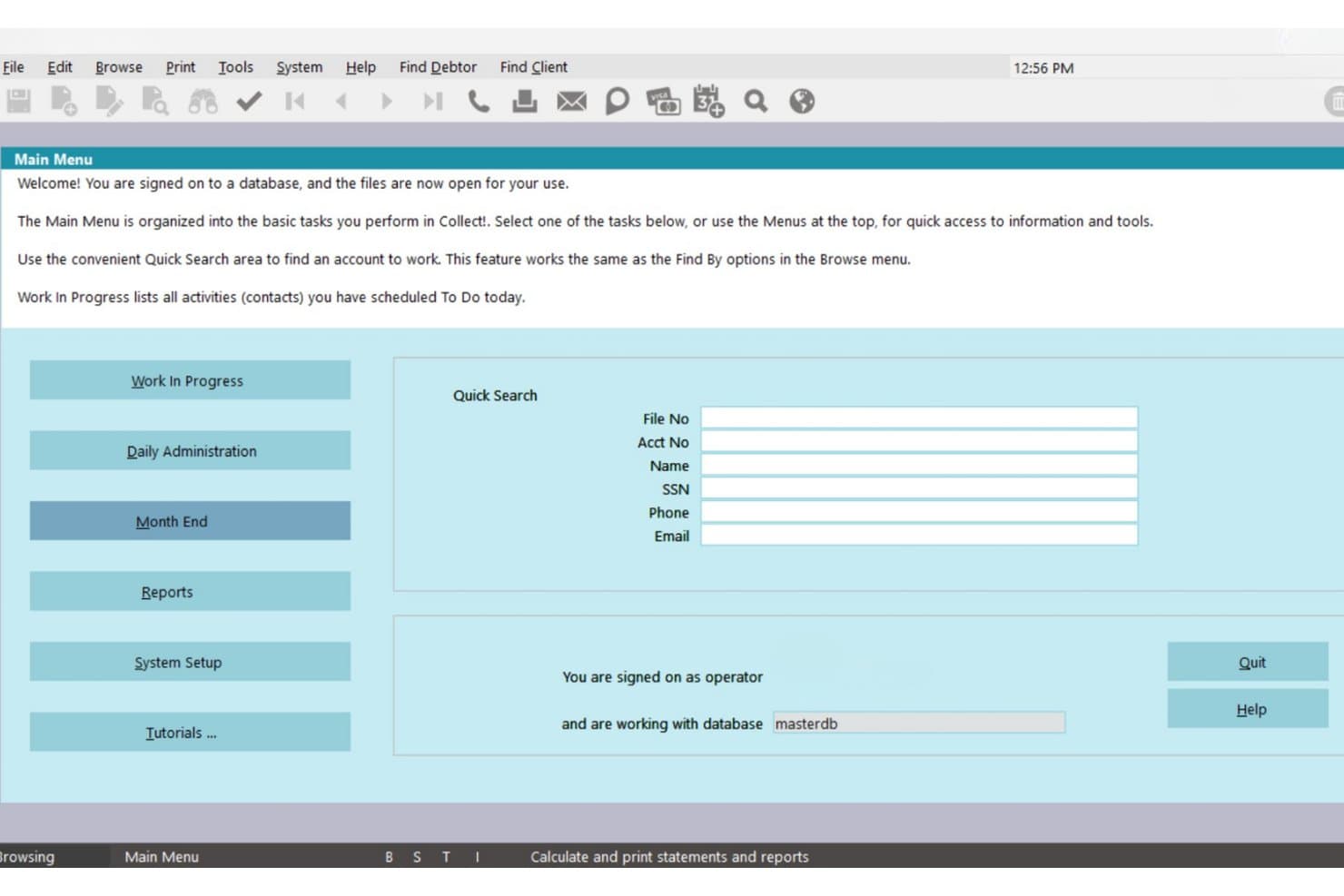 Collect! main menu with quick search fields and navigation buttons.