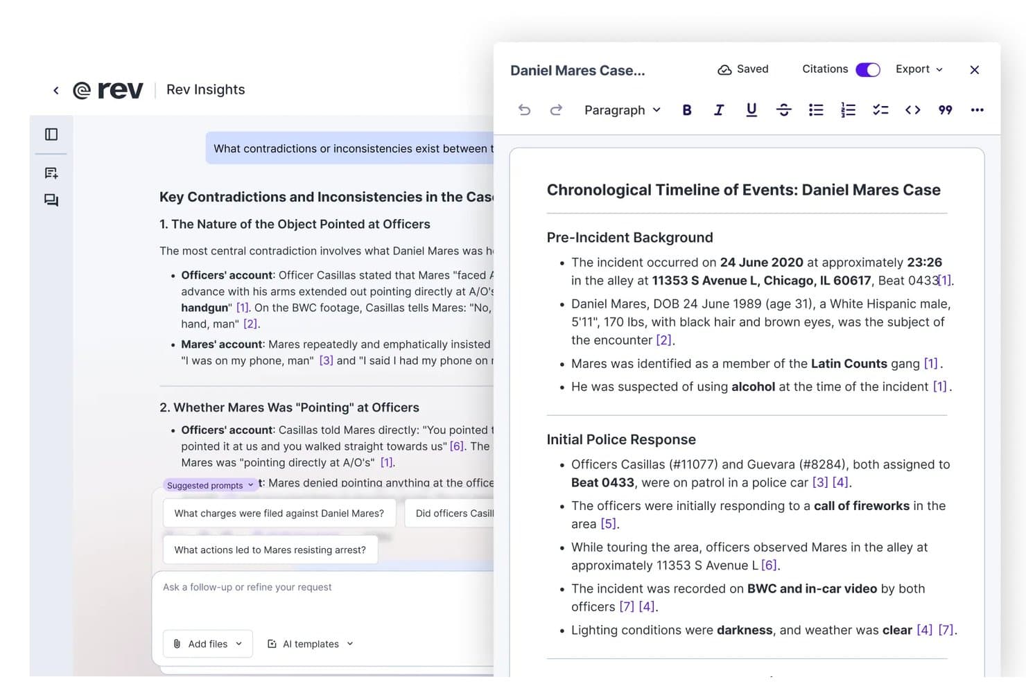 Gebruikersinterface van Rev Insights met een document met een zaaktijdlijn, citaten en AI-prompts.
