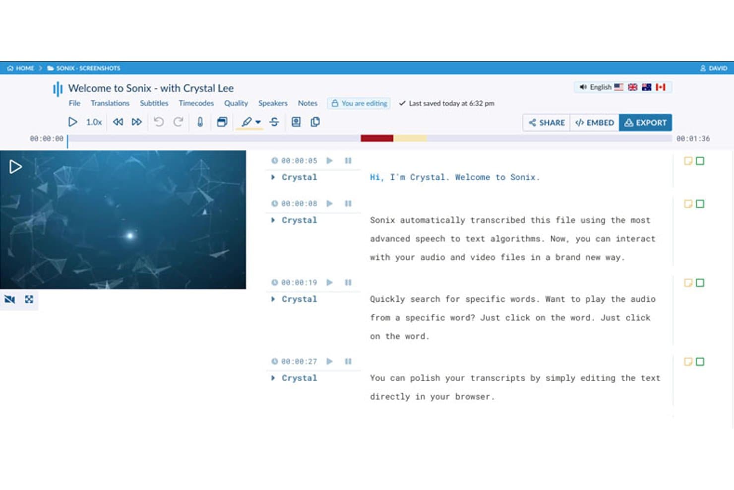Transcripteditor van Sonix met tijdstempels, dialoog van sprekers en afspeelbediening.