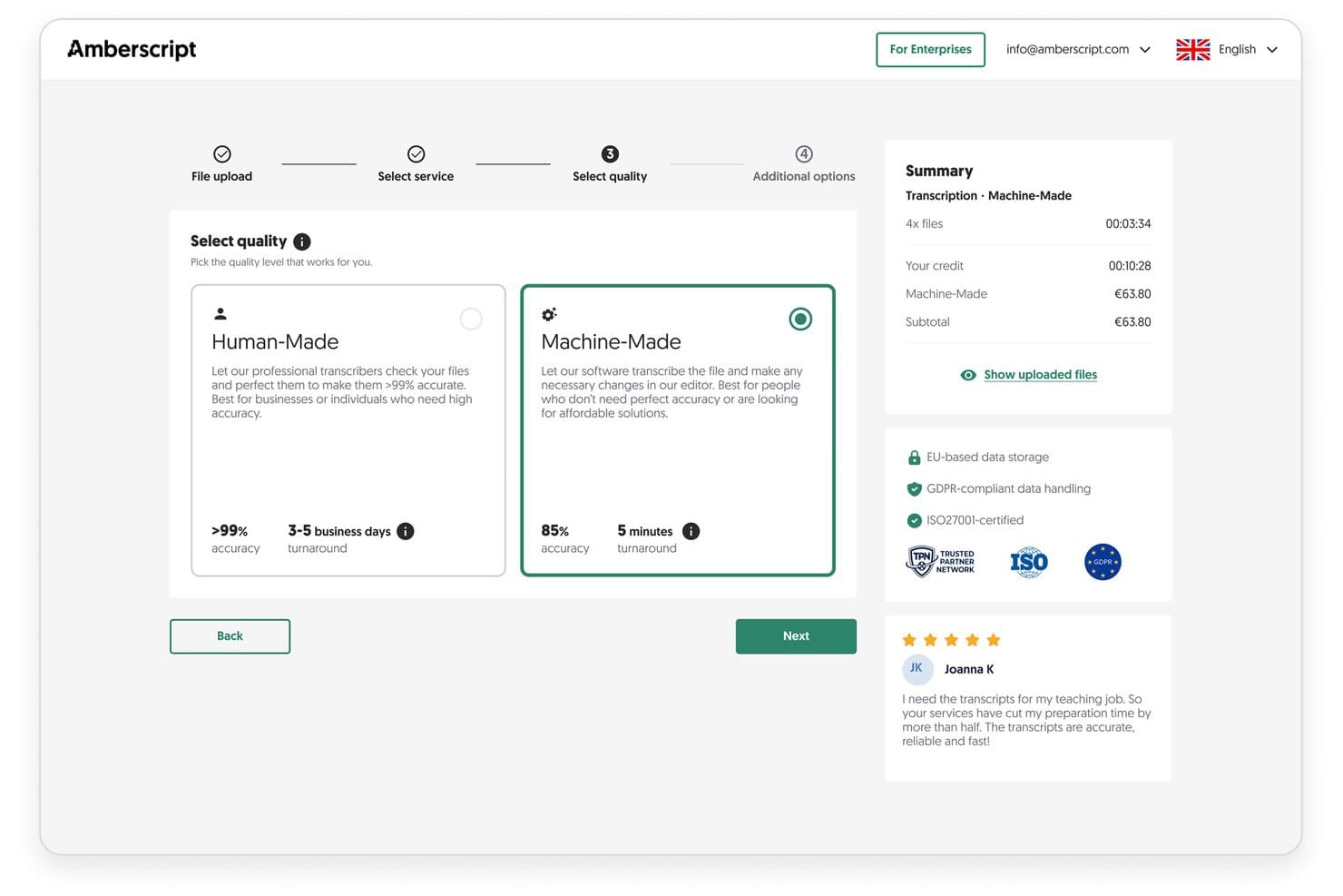 Scherm voor kwaliteitsselectie van Amberscript met opties voor door mensen gemaakte en machinaal gemaakte transcripties.