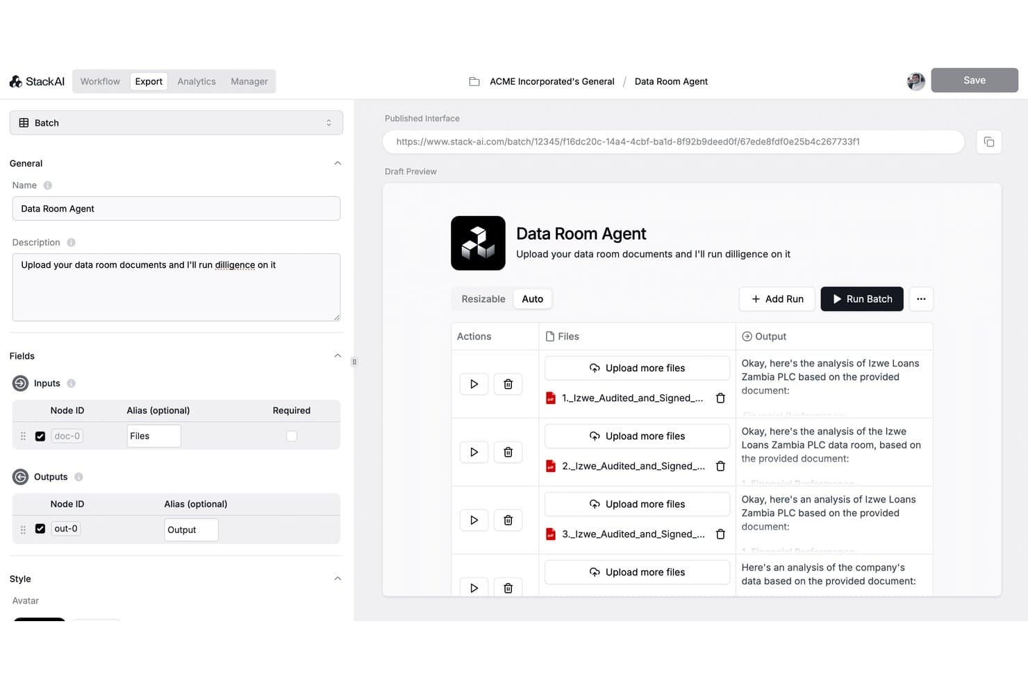 Reducto-interface voor batchgewijze analyse van een gegevensruimte met bestandsuploads en door AI gegenereerde analyseresultaten.