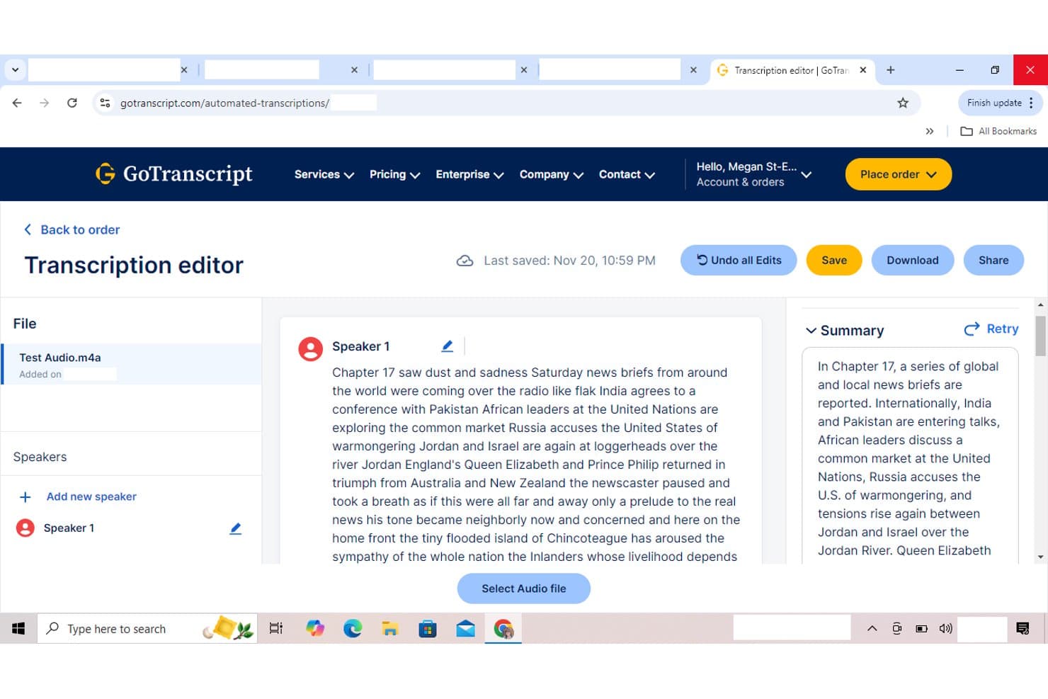 Transcriptie-editor van GoTranscript met sprekerstekst en zijbalk met AI-samenvatting.