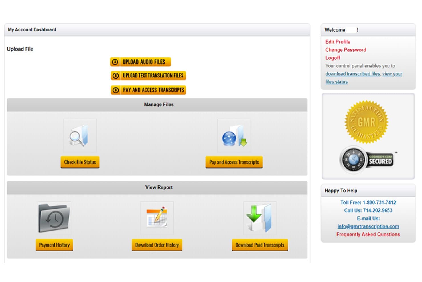 GMR Transcription-kontokontrolpanel med sektioner til filupload, administration og rapporter.