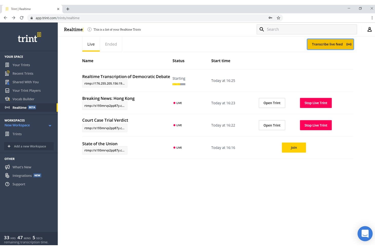 Trint Realtime-dashboard met vier live transcriptiefeeds en statusindicatoren.