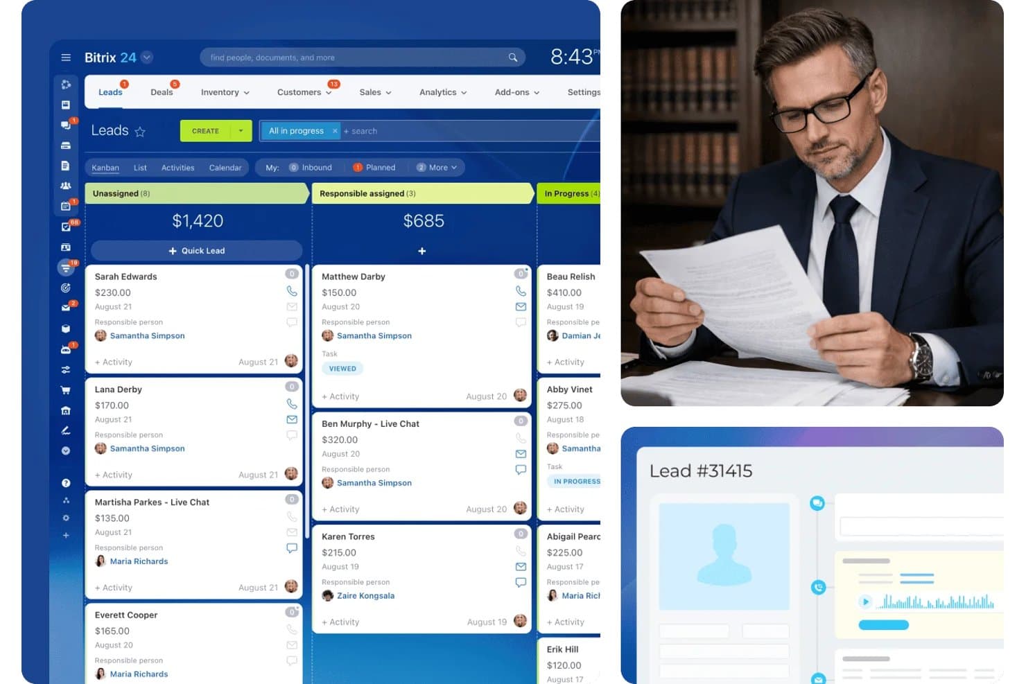 Kanbanbord voor Bitrix24 CRM-leads met niet-toegewezen en actieve leadkaarten.