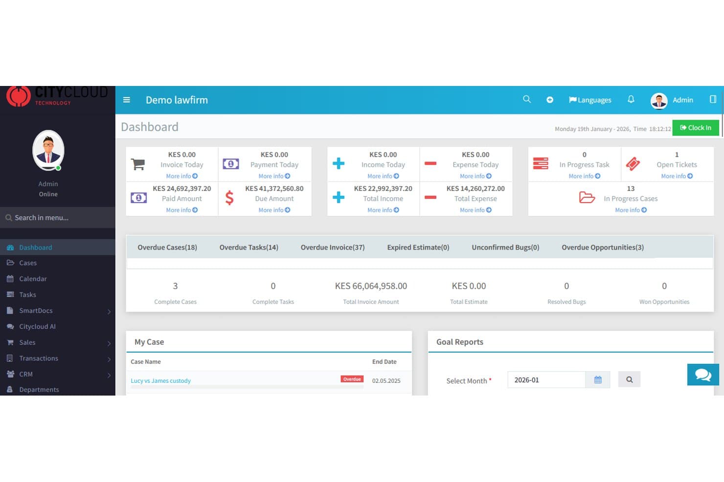 CityCloud Technology juridiske CRM-kontrolpanel, der viser sager, fakturaer, opgaver og økonomiske oversigter.