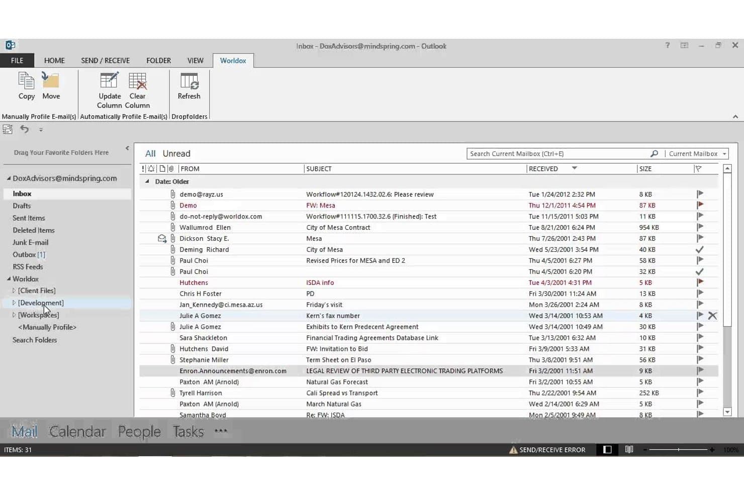 Worldox tab in Outlook inbox showing email list with filing options.