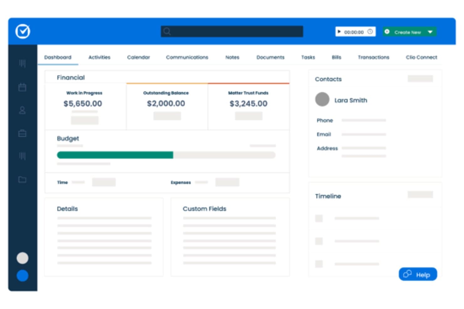 Clio Manage matter dashboard showing financials, budget, contacts, and timeline.