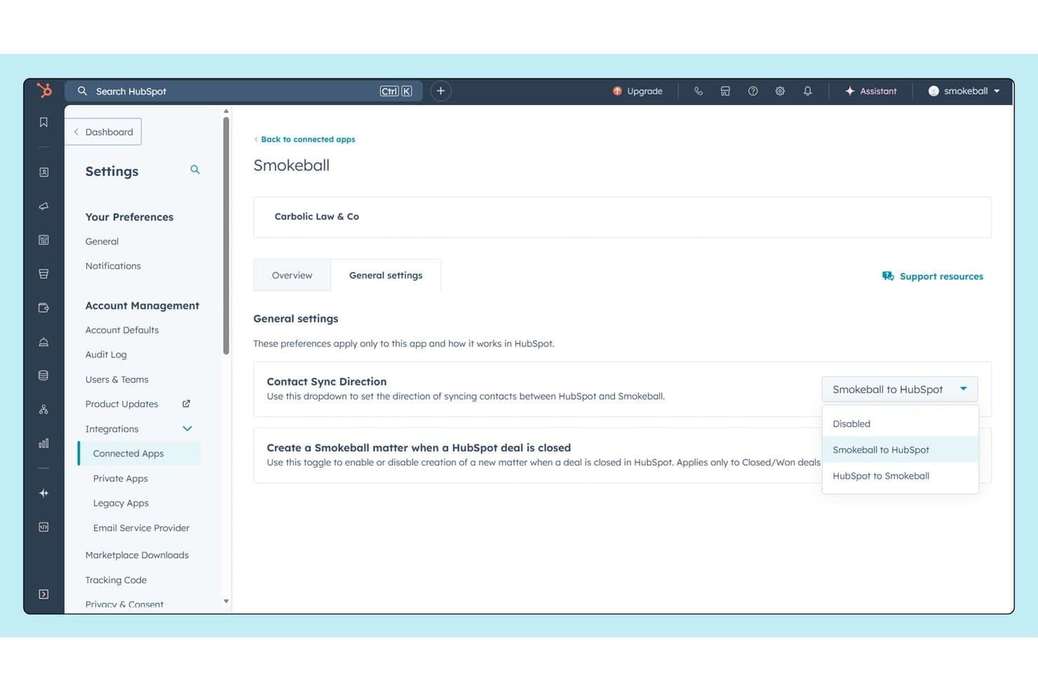 Indstillinger for Smokeballs HubSpot-integration, der viser rullemenuen for retningen af kontaktsynkronisering.