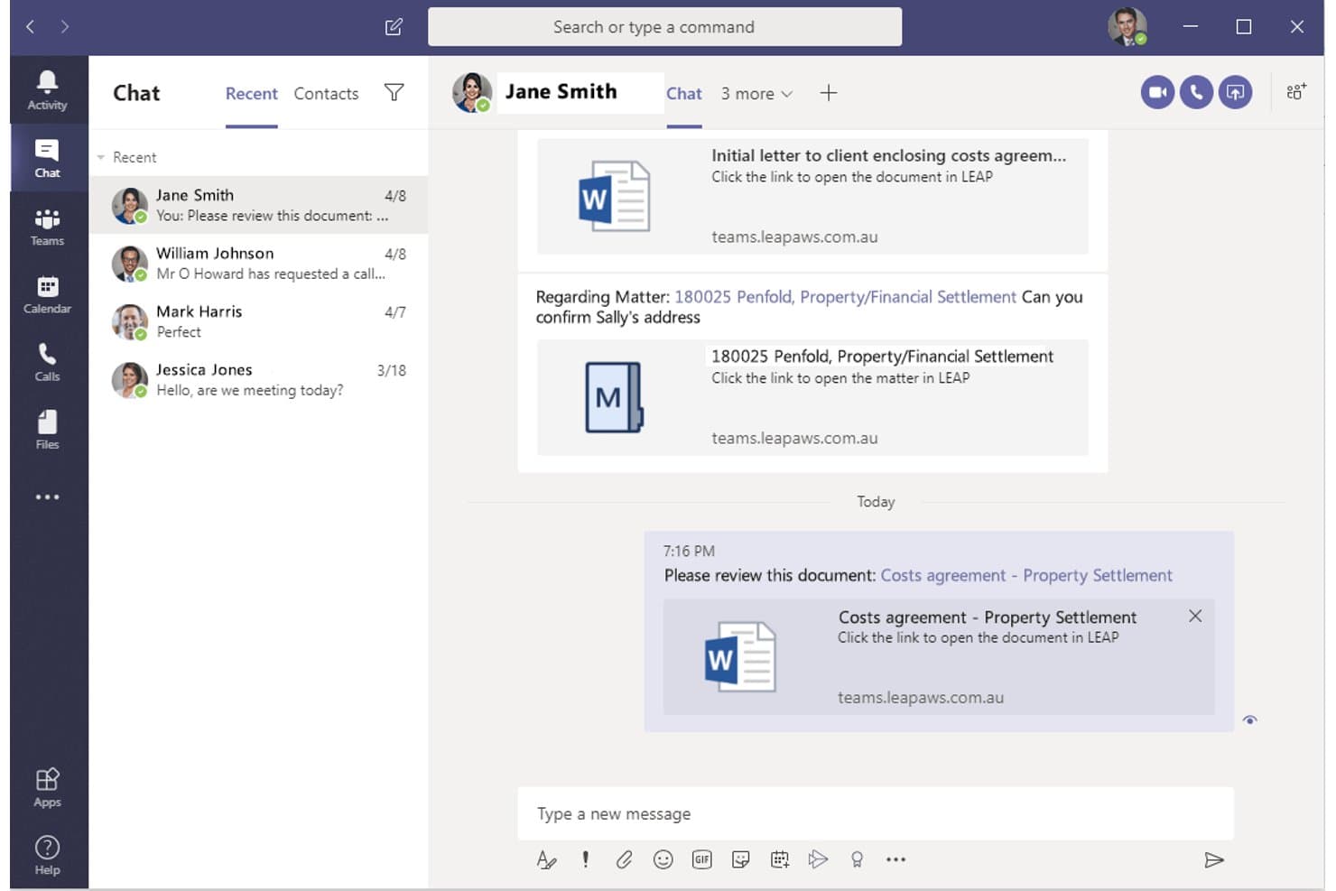 LEAP integration in Microsoft Teams chat showing shared legal documents and matter links.