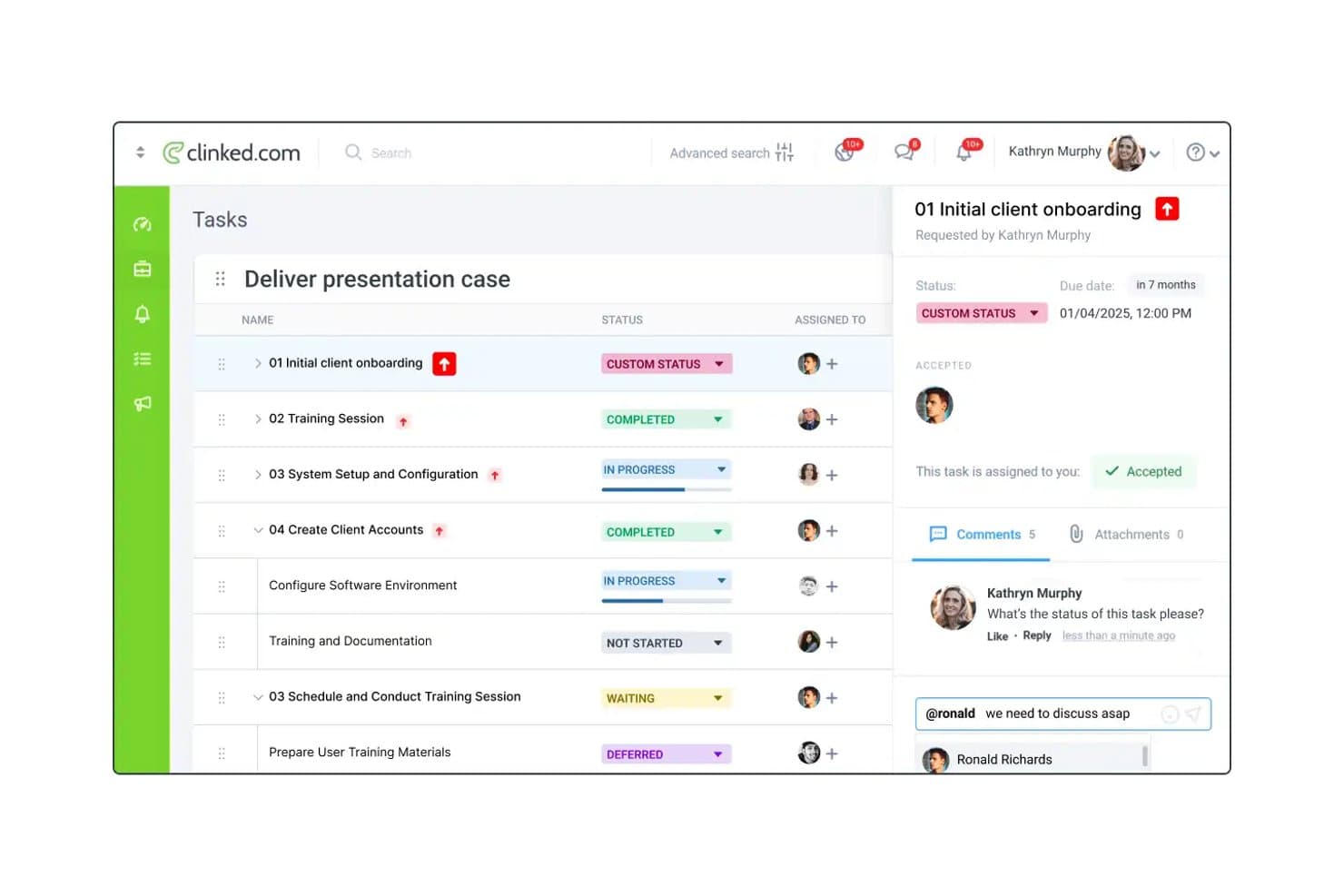 Clinkeds kontrolpanel til opgavestyring viser en opgaveliste med statusser og et panel med kommentarer.