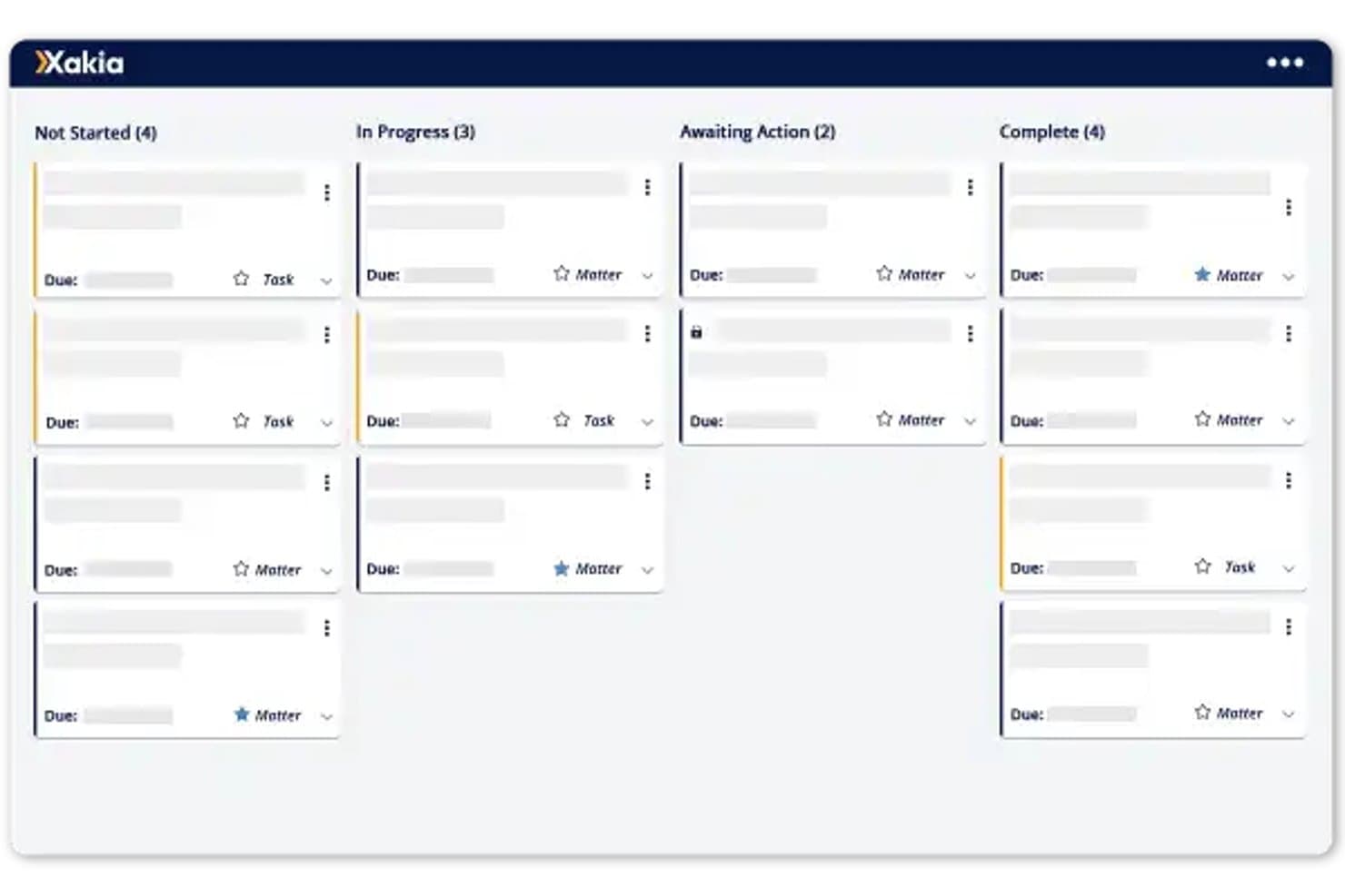 Xakia-Kanban-tavle med fire kolonner, der viser sags- og opgavekort.