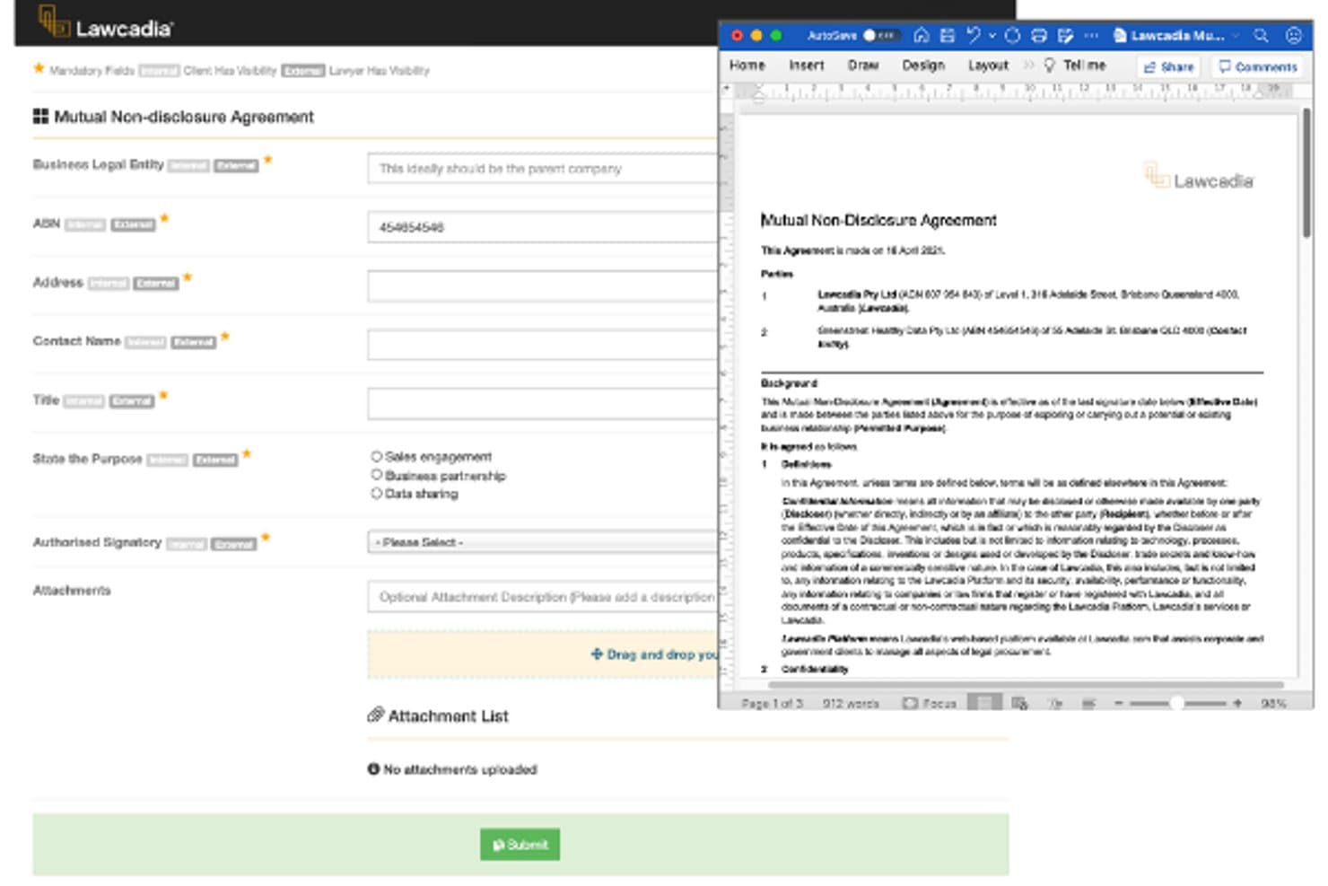 Lawcadias formular til gensidig NDA med direkte forhåndsvisning af dokumentet side om side.