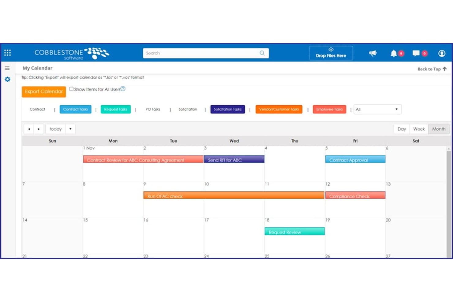 CobbleStone Contract Insight-kalender som visar avtalsuppgifter och deadlines för november.