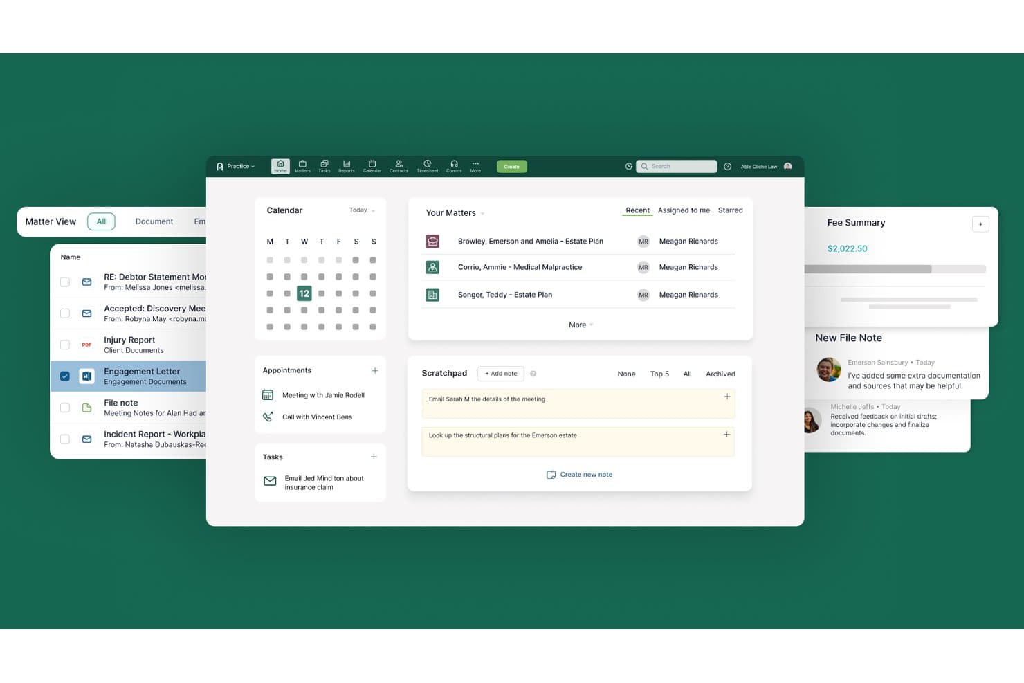 Actionstep-kontrolpanel, der viser paneler for sager, kalender, kladdeblok og filnoter.