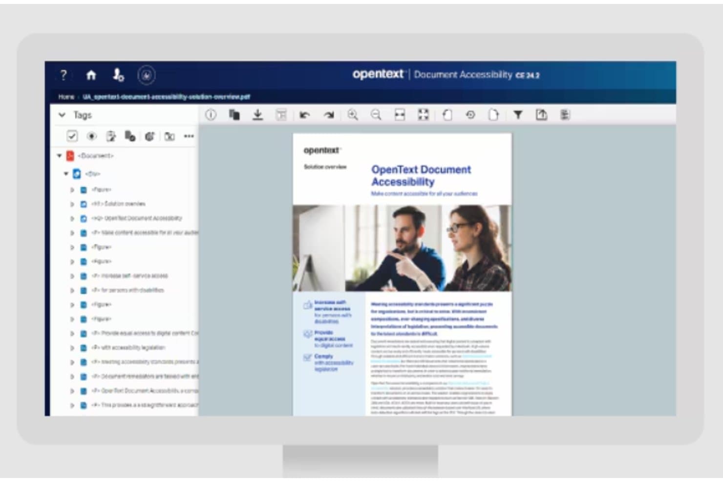 Skærm, der viser OpenText Document Accessibility-grænsefladen med PDF-tagpanel og dokumentforhåndsvisning.
