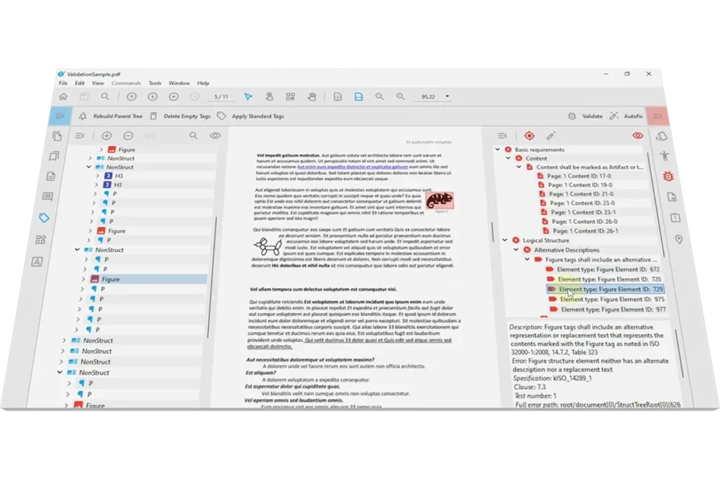 PDFix-grænseflade, der viser PDF/UA-valideringsfejl for figurer, der mangler alternativ tekst.
