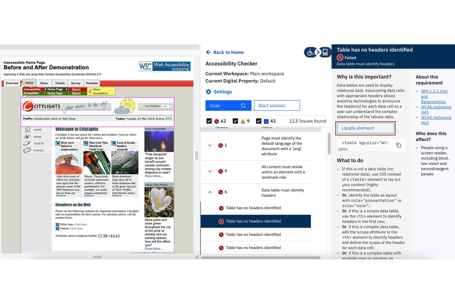 Level Access' tilgængelighedskontrolværktøj viser fejl i tabeloverskrifter med et panel med vejledning til rettelse.