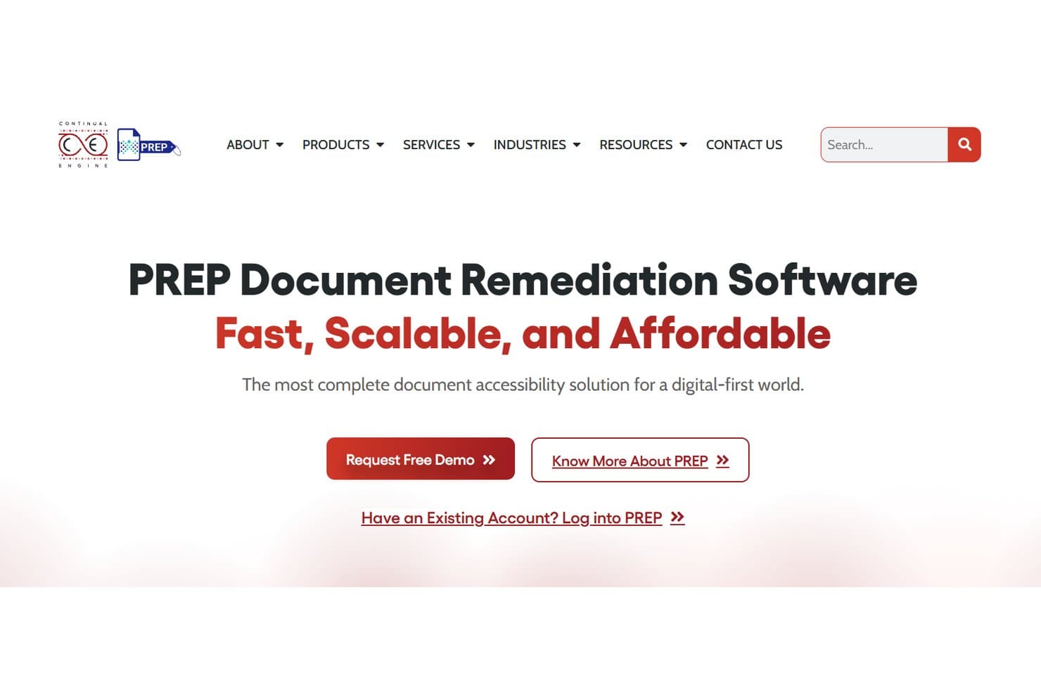 PREP's hjemmeside for software til dokumentafhjælpning med knapper til demo og login.