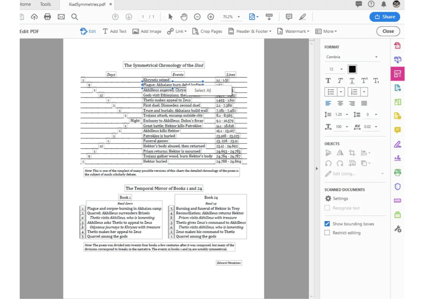 Adobe Acrobat-PDF-redigeringsværktøj, der viser et symmetrisk kronologisk diagram over Iliaden.