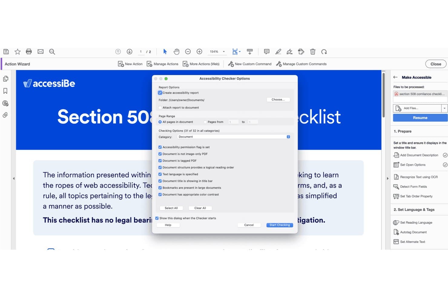 Dialogfeld „Optionen der Barrierefreiheitsprüfung“ in Adobe Acrobat mit ausgewählten Kontrollkästchen für Dokumentkategorien.