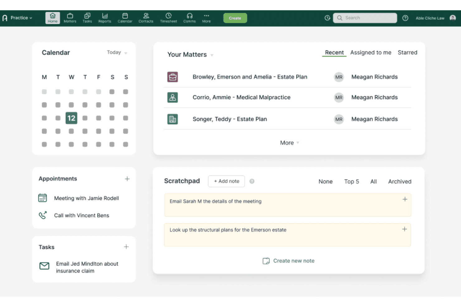 Actionsteps startpanel, der viser kalender, sager, aftaler, opgaver og kladdeblok.