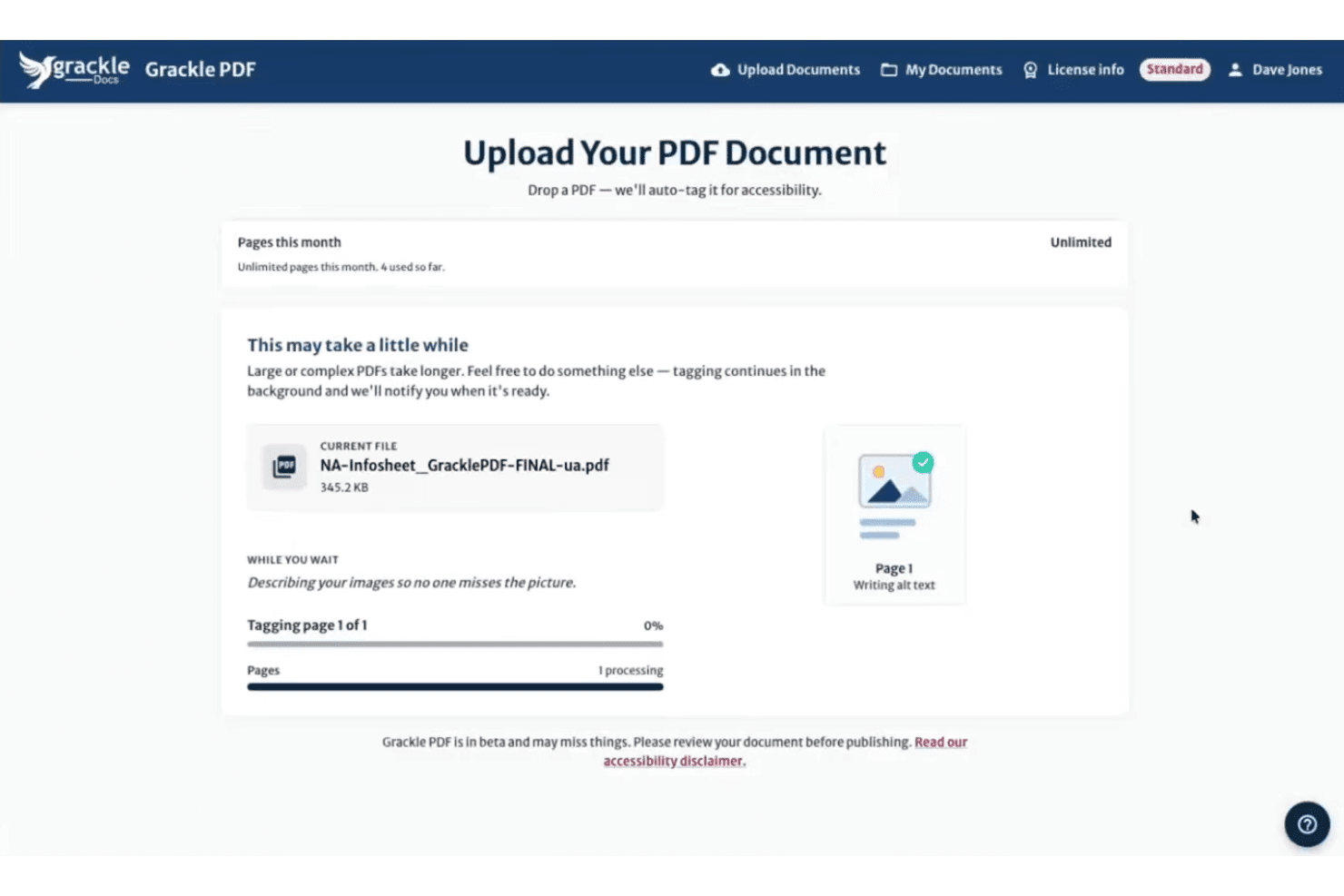 Grackle PDF-interface waarin een PDF wordt geüpload en alternatieve tekst wordt geschreven.