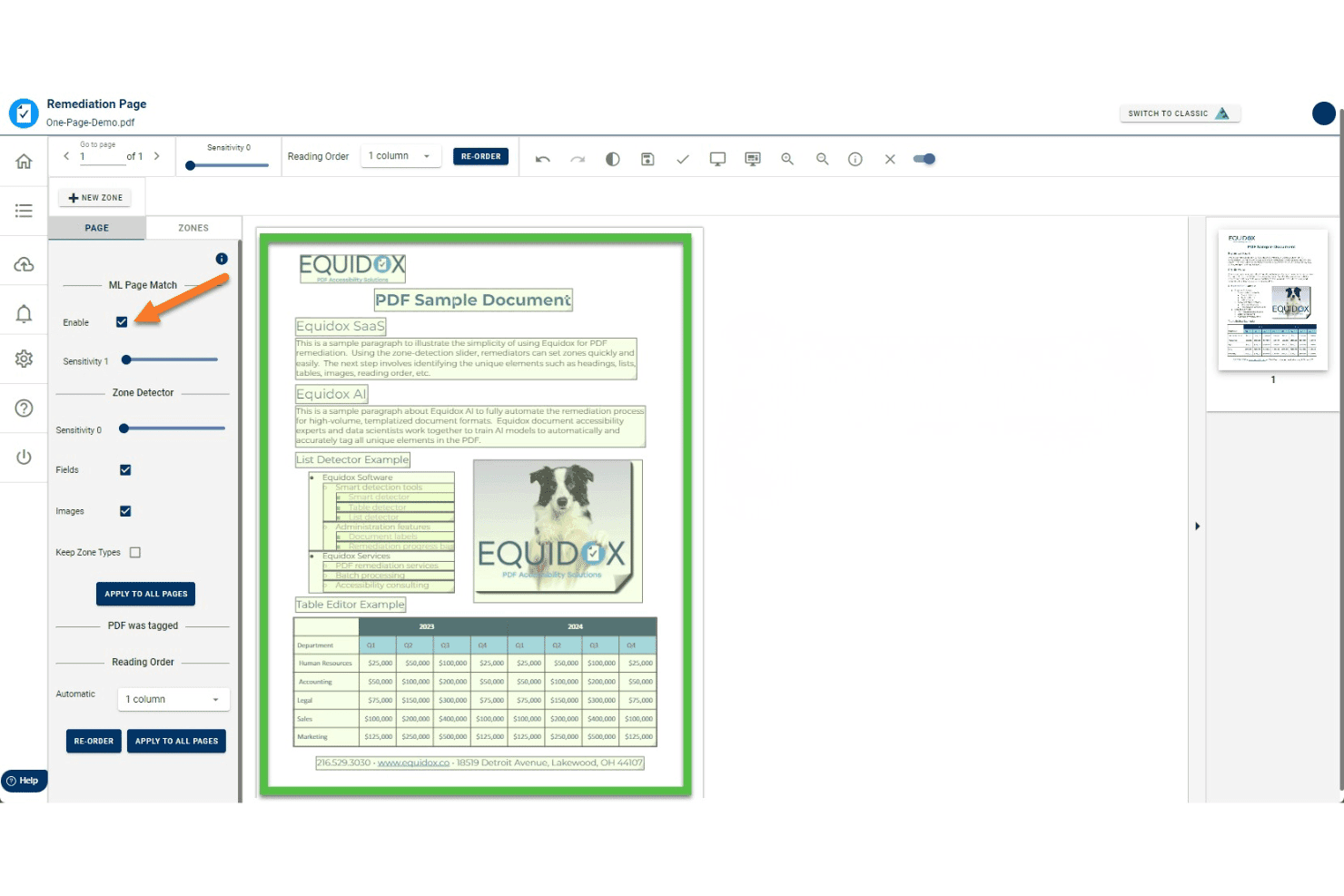 Equidox-remediëringsinterface met ML Page Match-instellingen en een PDF-document met tags.