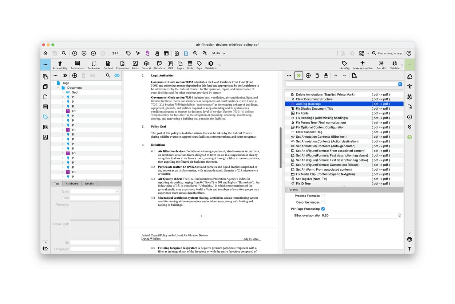 PDFix Desktop Pro met een PDF-tagstructuur, documentweergave en het paneel voor automatische tagging.