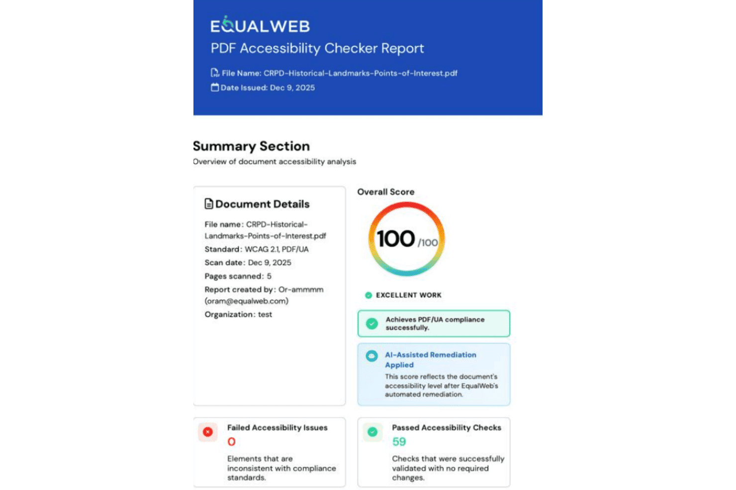 Rapport van EqualWeb PDF Accessibility Checker met een perfecte score van 100 op 100.