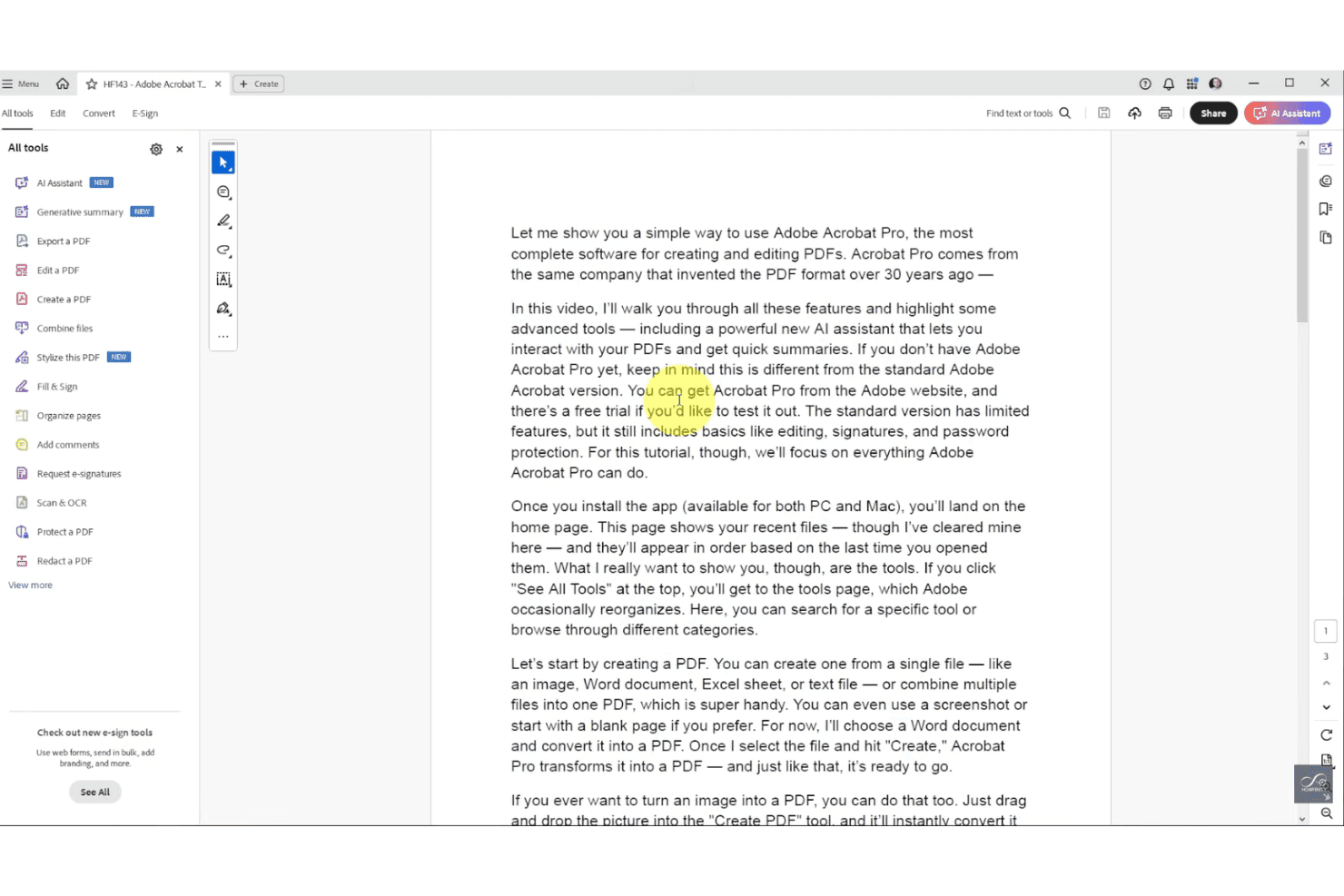Interface van Adobe Acrobat Pro met een paneel met pdf-hulpmiddelen en documenttekst.