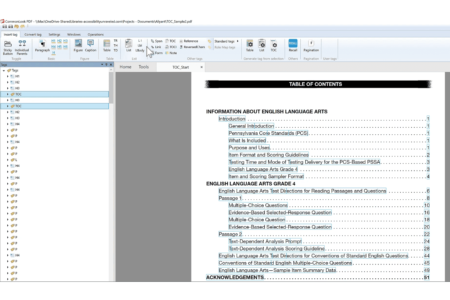 CommonLook PDF-bewerker met een inhoudsopgave en geopend tagpaneel.