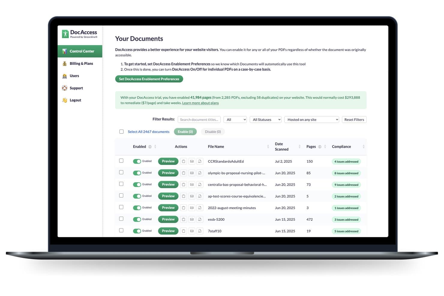 DocAccess Control Center-kontrolpanel, der viser aktiverede PDF-filer med antal problemer med overholdelse.