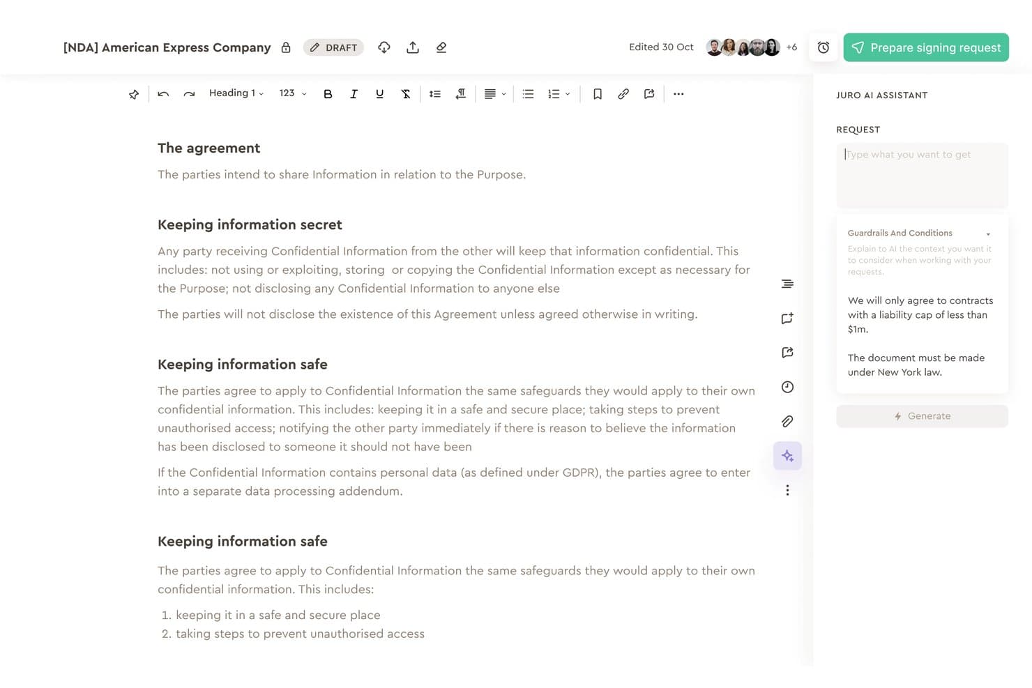 Juros NDA-editor med AI-assistentpanel, der viser sikkerhedsforanstaltninger og kontraktbetingelser.