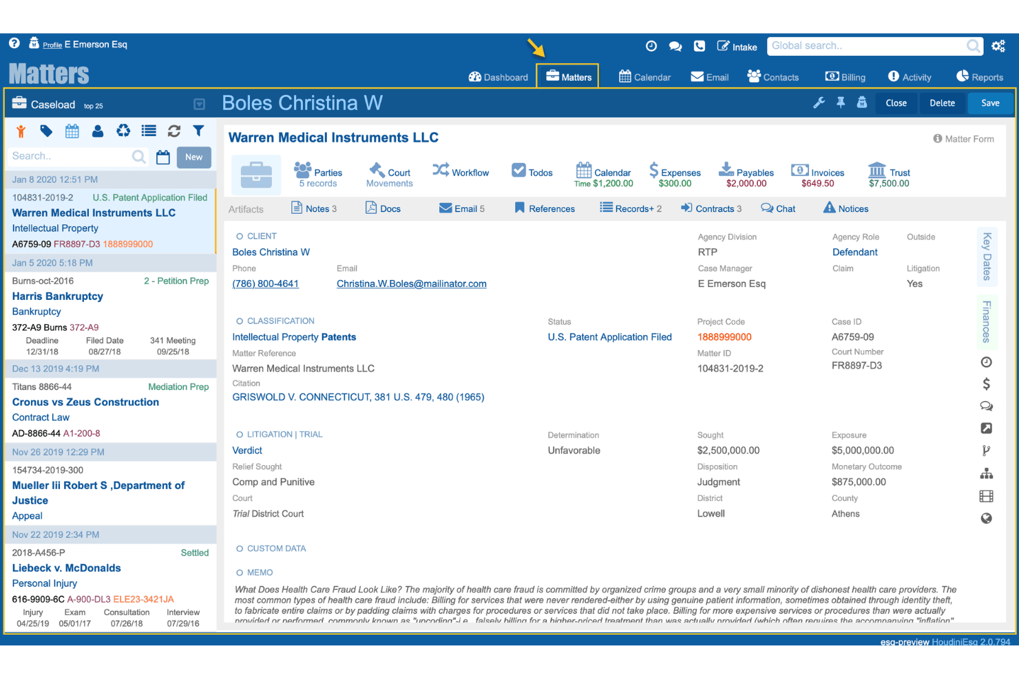 HoudiniEsq centralizes case management, contacts, tasks, and finances.