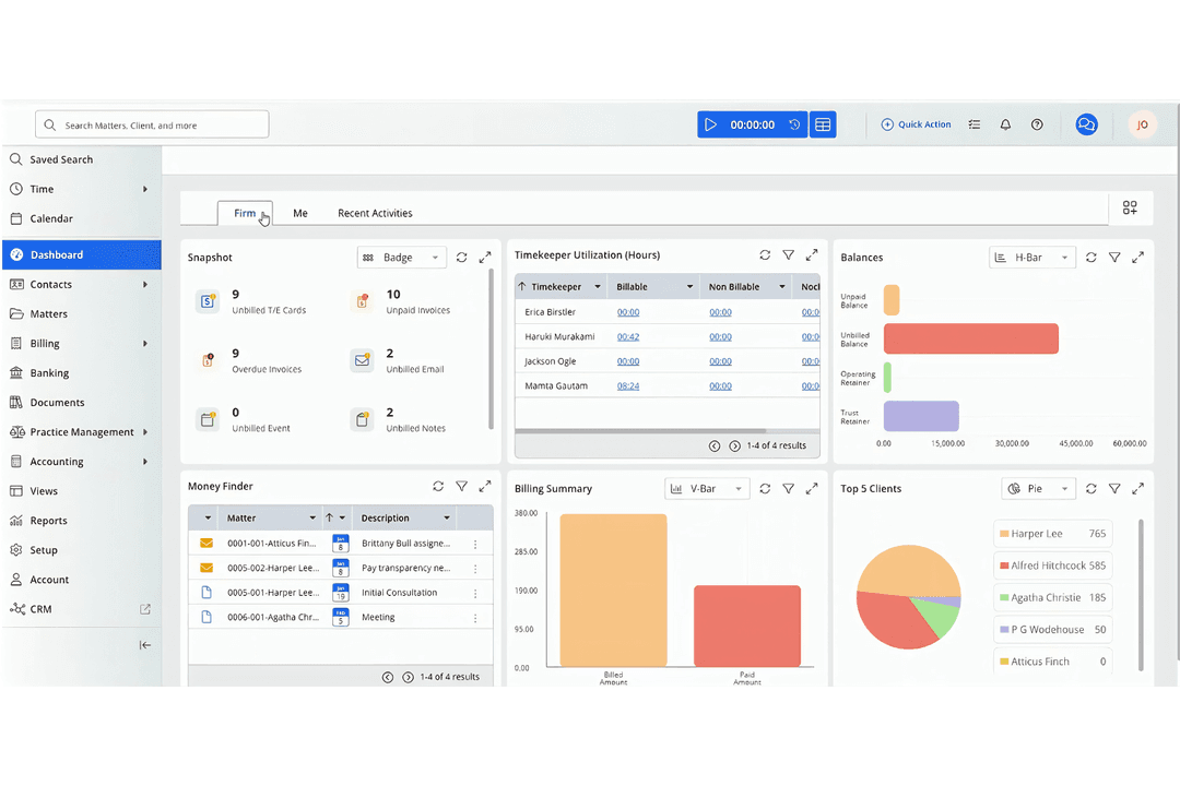 CosmoLex dashboard centralizes billing, matters, time, and finances.