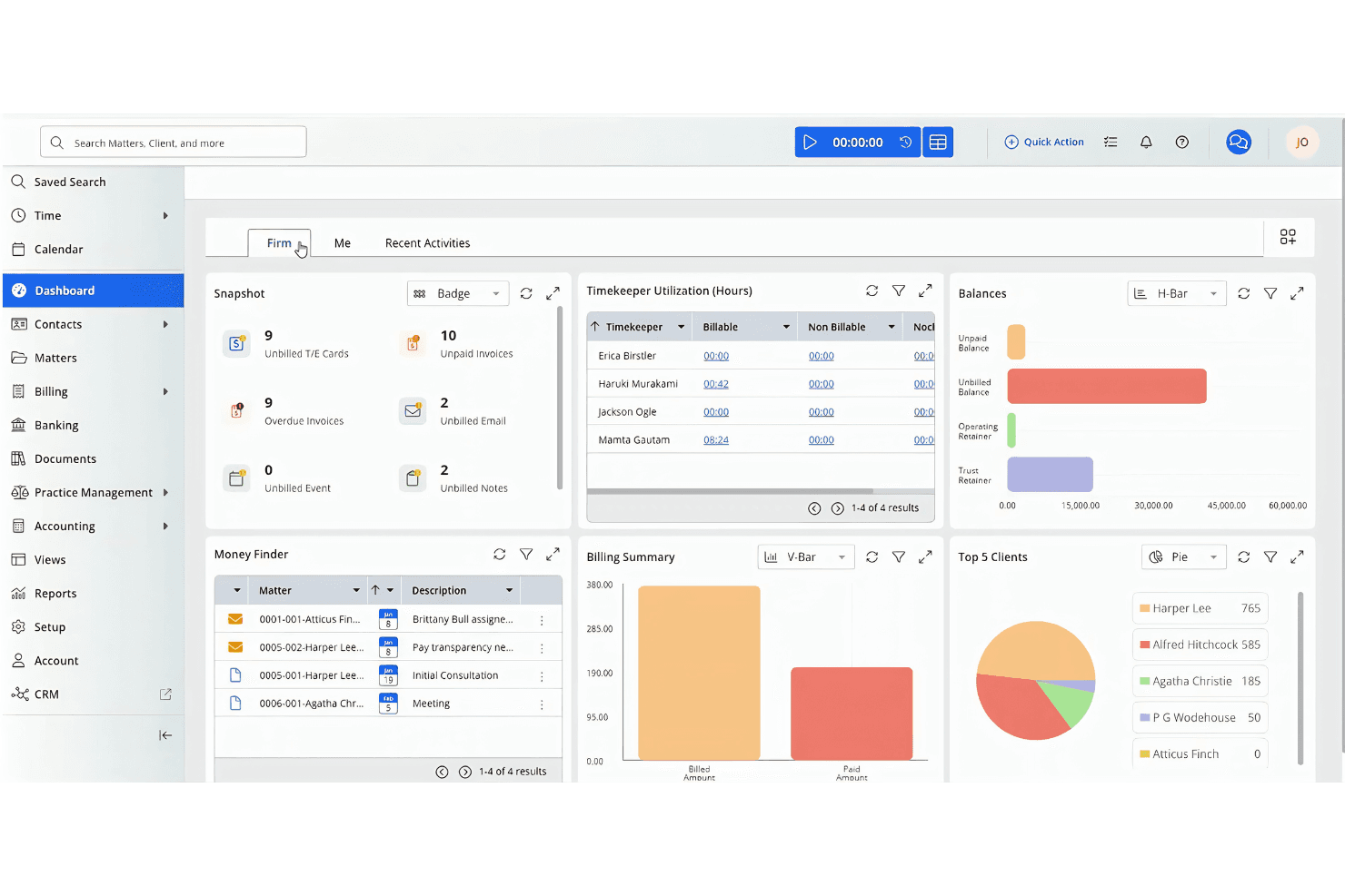 CosmoLex dashboard centralizes billing, matters, time, and finances.
