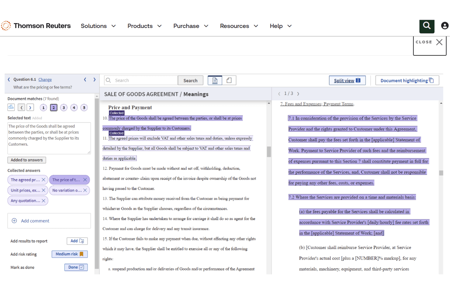 HighQ's split-view contract analysis interface