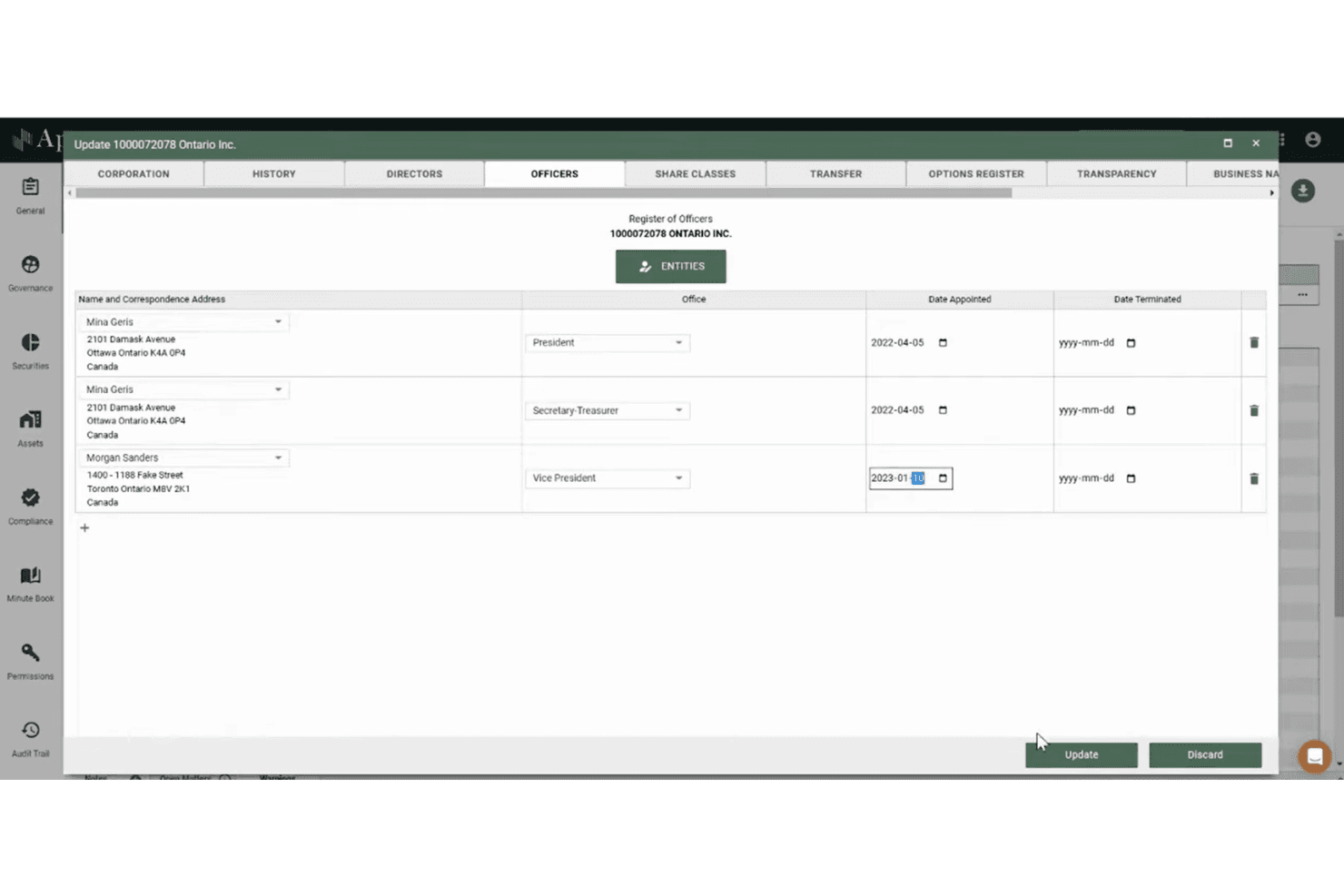 Appara entity management Officers register