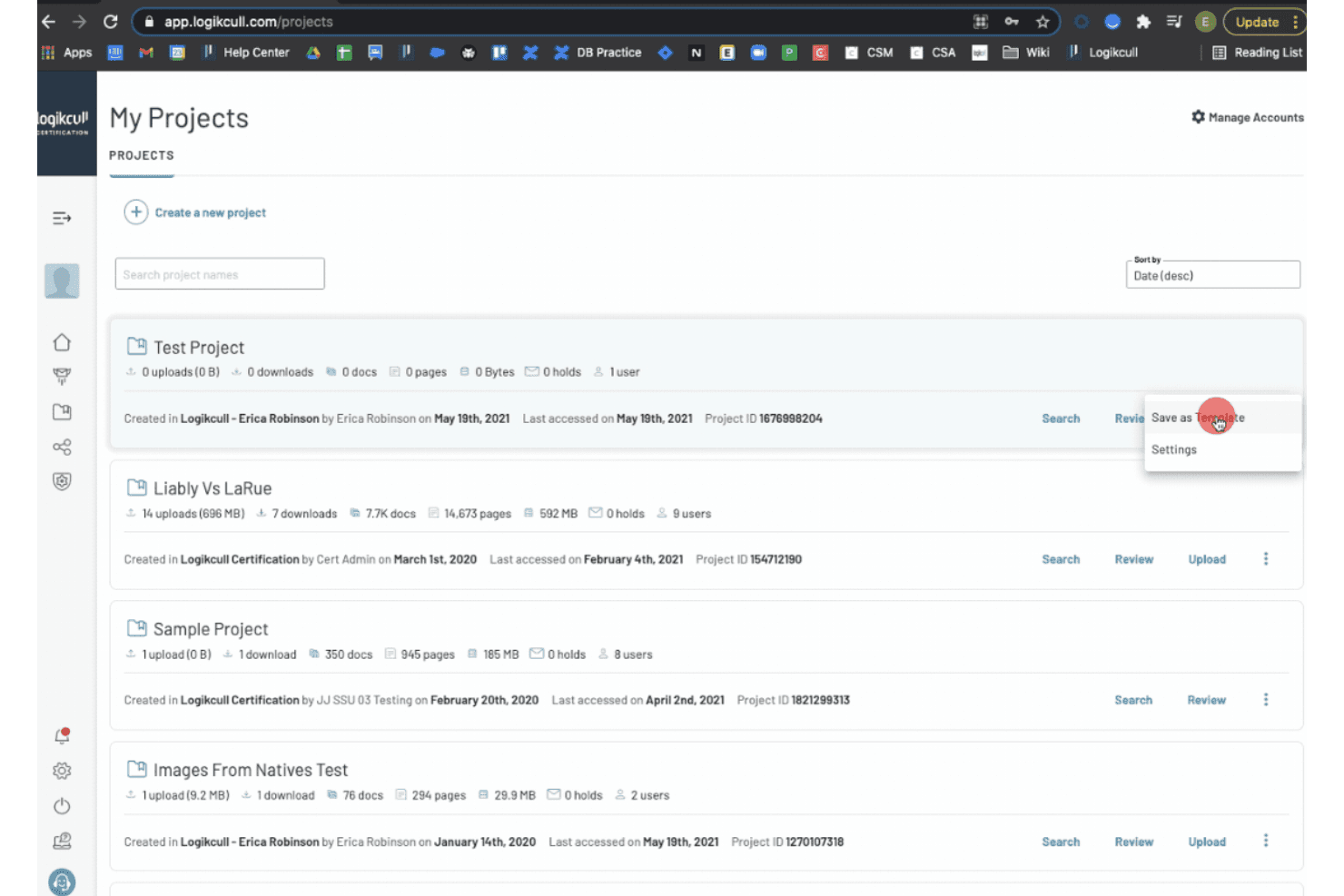 Logikcull My Projects dashboard