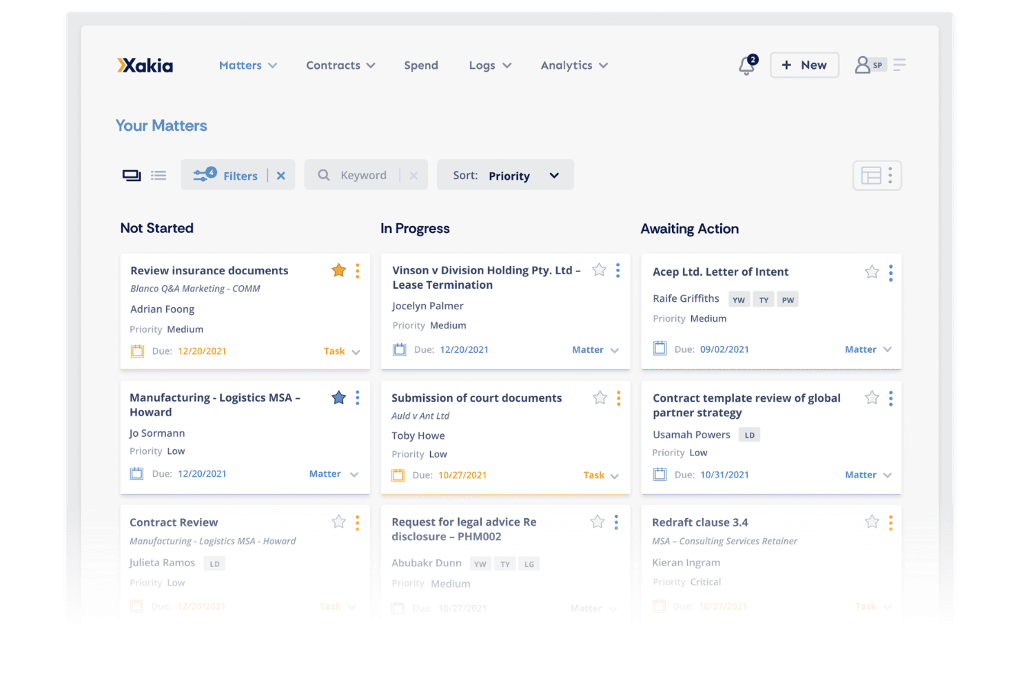 Xakia offers a Kanban-style matters dashboard that organizes legal tasks by status columns such as Not Started, In Progress, and Awaiting Action.