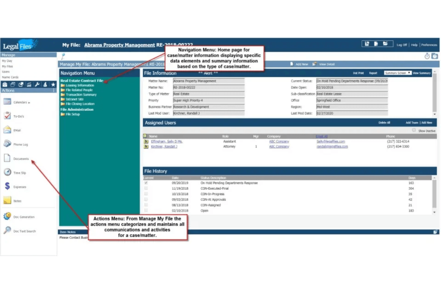 Legal Files case management screen