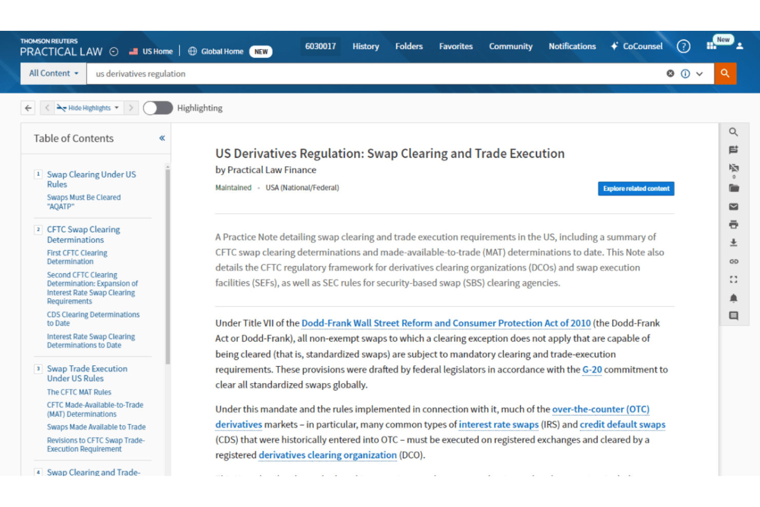 Practical Law interface showing US Derivatives Regulation