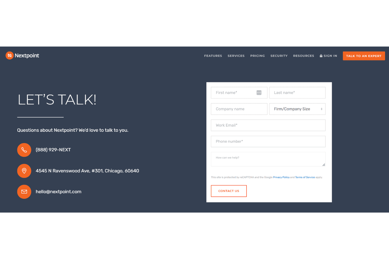 Nextpoint contact form with fields for name, company, email, phone, and message.