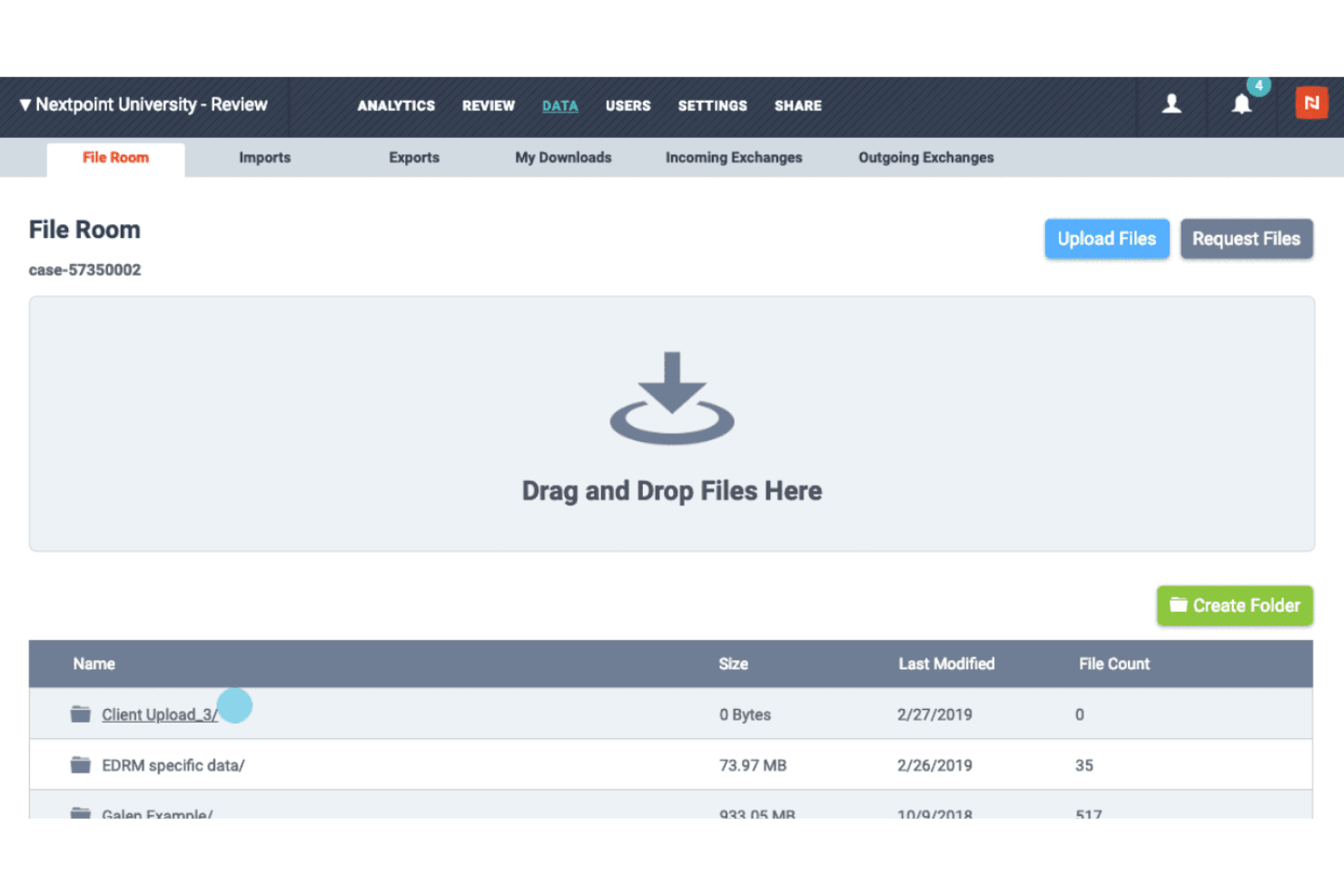 Nextpoint File Room interface showing drag-and-drop upload area and folder list with file sizes.