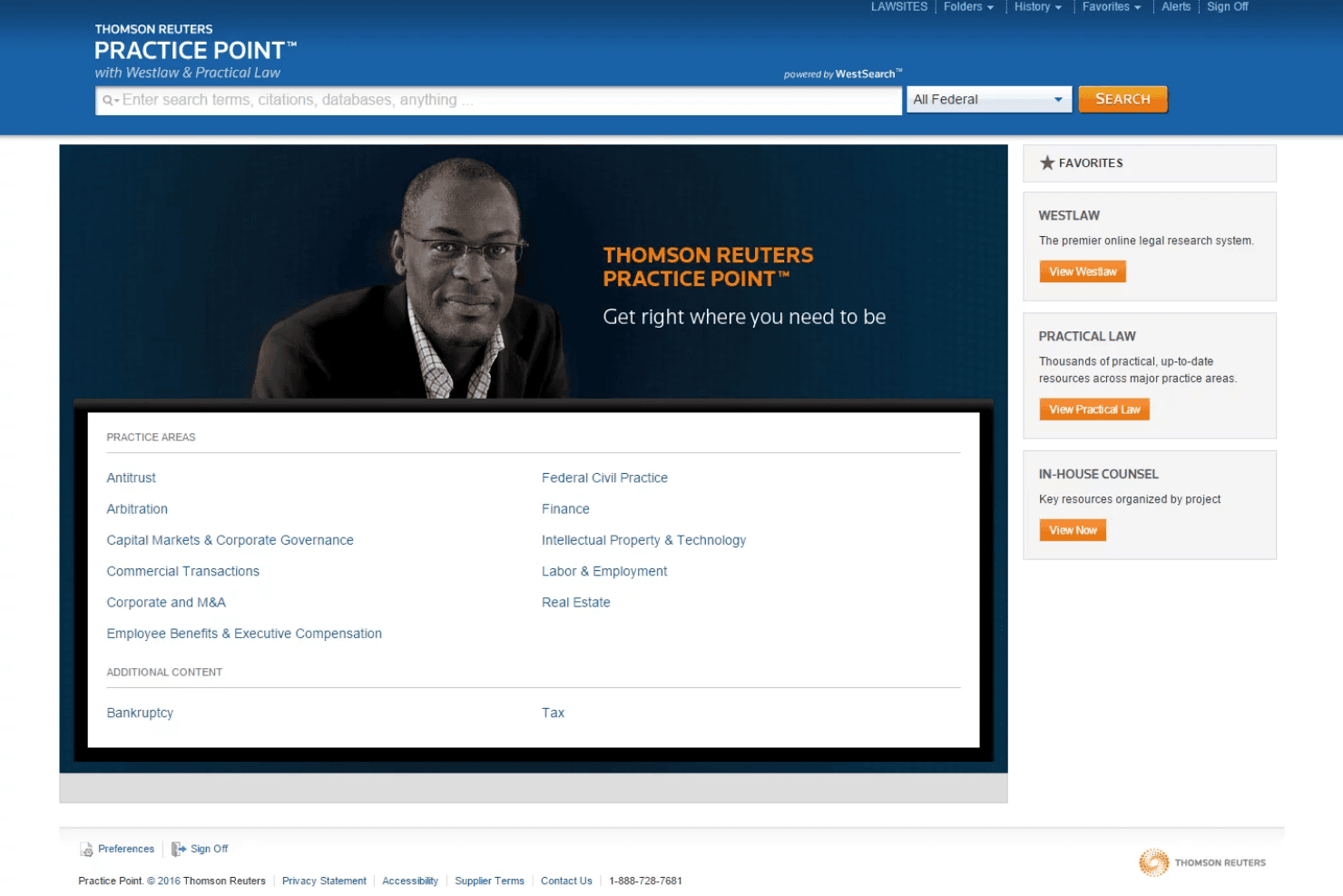 Thomson Reuters Practice Point homepage with practice area links and legal research tools.