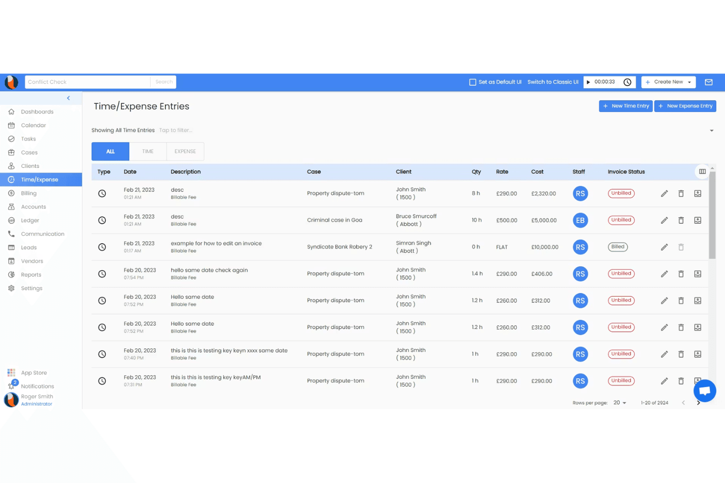 CaseFox Time/Expense Entries list showing billable fees, costs, and invoice statuses.