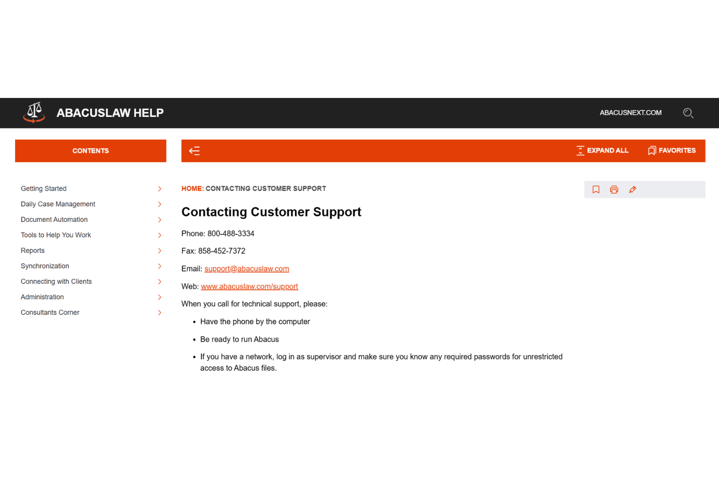 AbacusLaw Help page showing customer support contact details